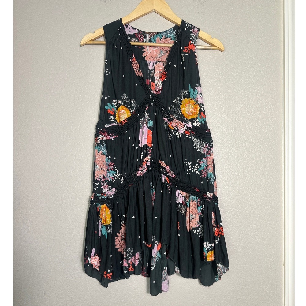 Free People Haze Black Floral Tunic Top XS Mini Dress Coverup Boho Country - Picture 3 of 11